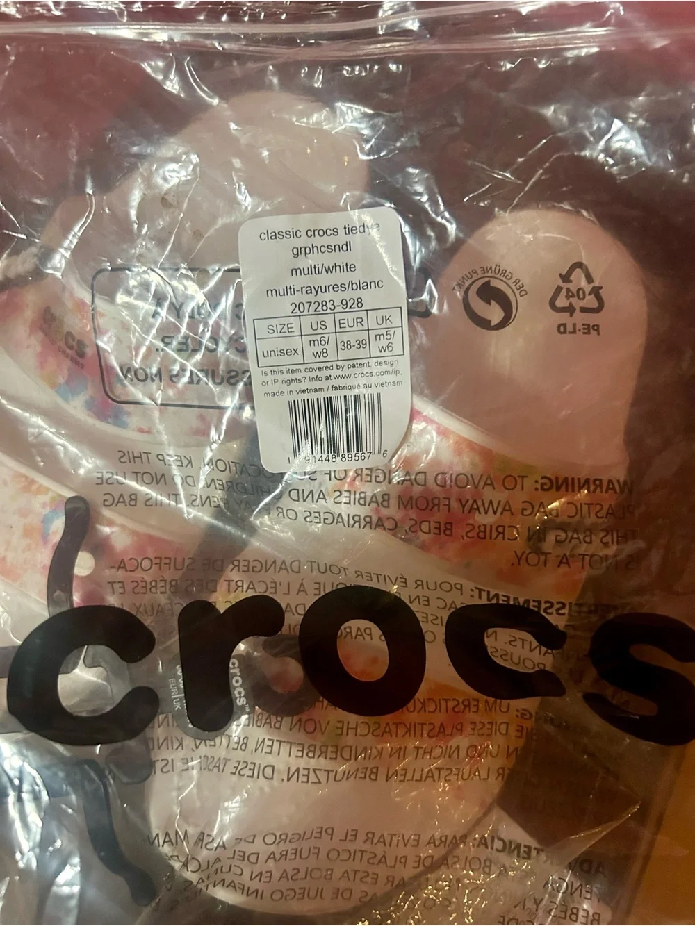 NWT Crocs Tie-dye Multicolor Splash Slide Sandals, men’s 6/women’s 8